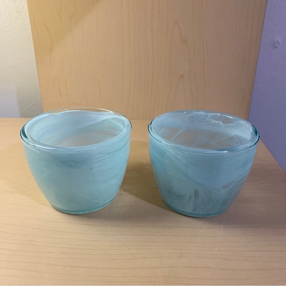 Marbleized Swirl Glass Votive Tea Light Candle Holder 2-1/2" Light Blue Set of 2 - Picture 1 of 12